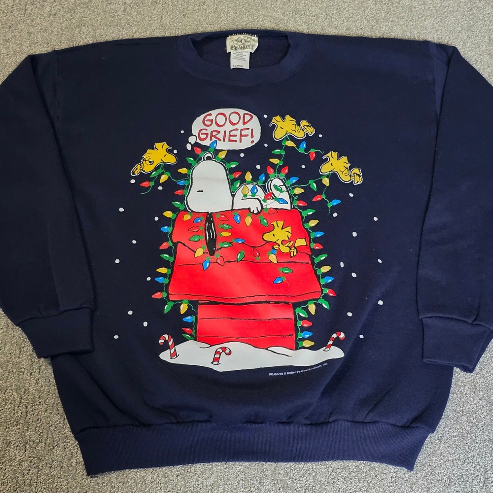 Vintage Peanuts Snoopy Christmas Sweatshirt XL Navy Blue Made in USA Good Grief